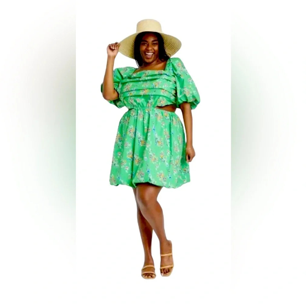 A New Day Green Floral Puff Short Sleeve Cut Out Bubble A-Line Dress Size XXL